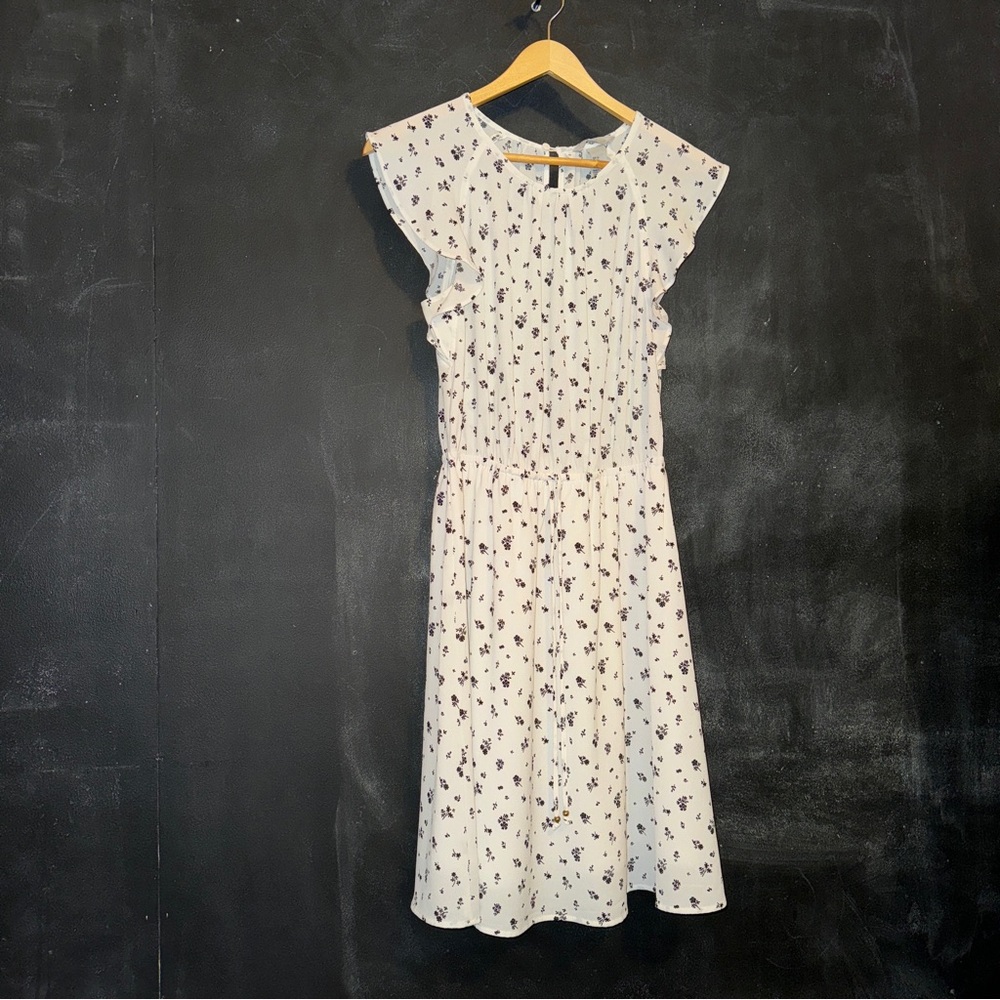 H&M Flutter Sleeve Midi Dress White Black Ditzy Floral Size 4 Summer